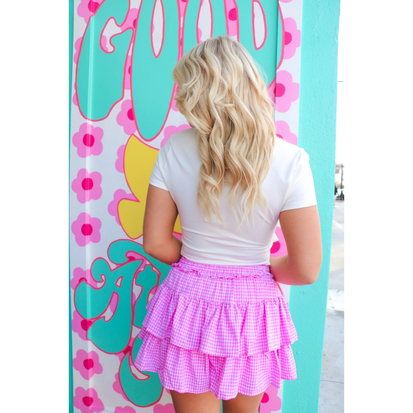 Giddy in Gingham Ruffle Rhinestone Skort