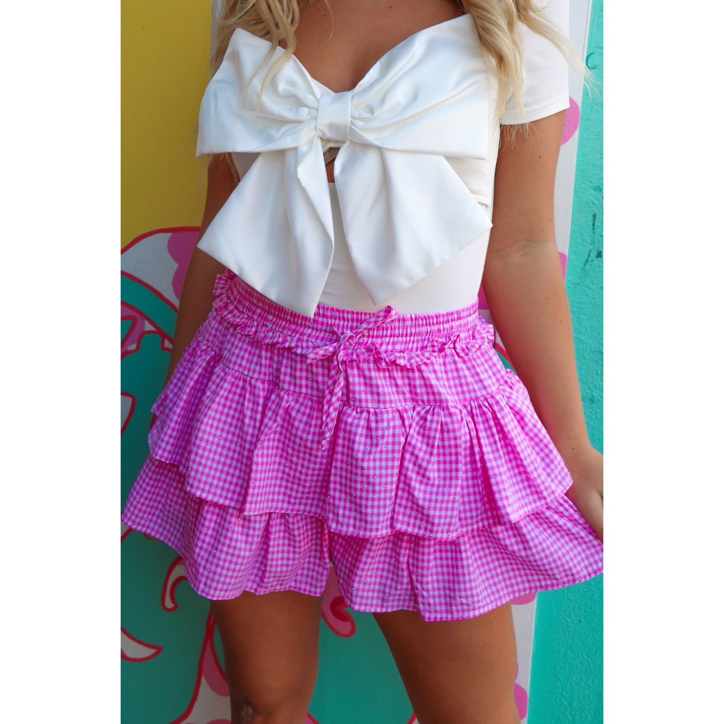 Giddy in Gingham Ruffle Rhinestone Skort