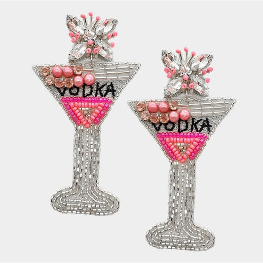 Pink + Silver Beaded Vodka Glass Earring