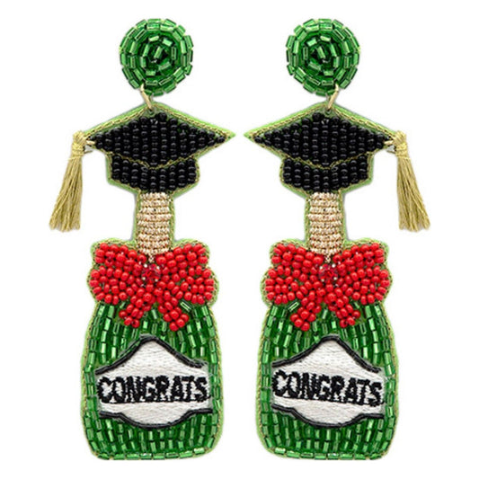 Beaded Green Congrats Grad Bottle Earrings