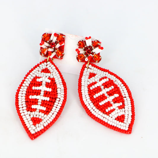 Beaded Red + White Football Earrings