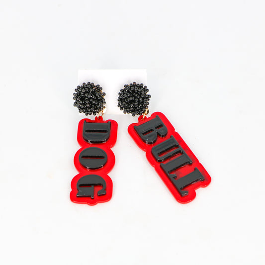 Beaded Pom Red/Black Acrylic Bulldog Earrings